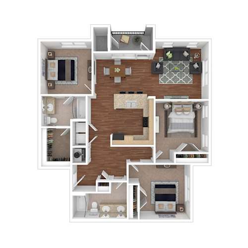Floor Plan  A detailed 3D floor plan of a house layout.