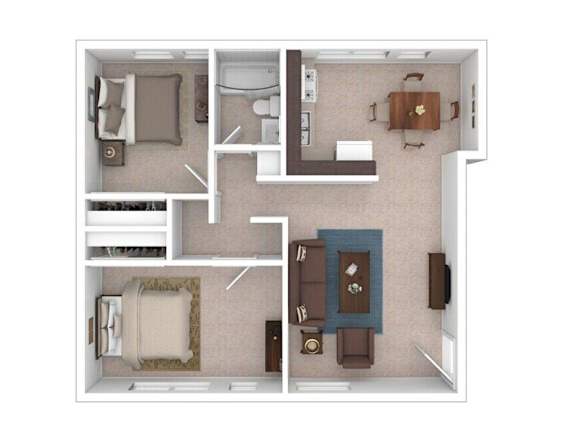 Floor Plan  A floor plan of a small apartment with a kitchen, living room, and two bedrooms.