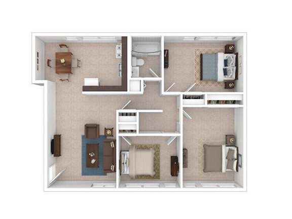 Floor Plan  A floor plan of a small apartment with a kitchen, living room, and two bedrooms.