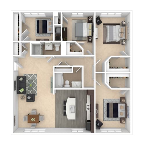 Floor Plan  a 3d floor plan of a residence with bedrooms and a living room