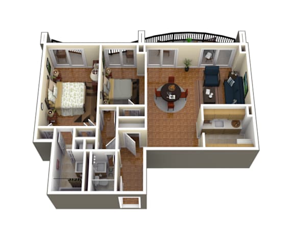 Floor Plan  A 3D floor plan of a house with a living room, dining room, kitchen, and two bedrooms.