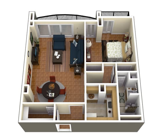 Floor Plan  A 3D floor plan of a house with a kitchen, living room, and bedrooms.