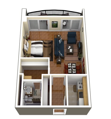 Floor Plan  A 3D floor plan of a small apartment with a kitchen, living room, and bedroom.