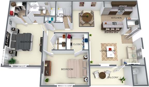 Floor Plan  A 3D floor plan of an apartment with labeled rooms.