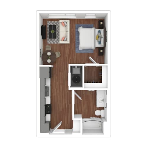 Floor Plan  A 3D rendered image of a small apartment layout.