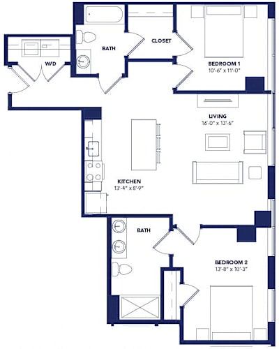 Floor Plan  2 bed 2 bath at Two Twelve Clayton Apartments, Clayton, MO