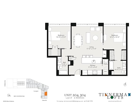 Floor Plan  A floor plan for a Tinnerman Lofts unit shows two bedrooms, a living room, a kitchen, and bathrooms.