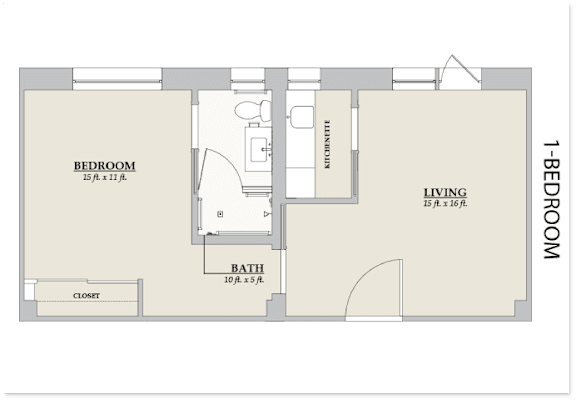 Floor Plan  A floor plan of a 1-bedroom apartment with a living room, bedroom, and bathroom.