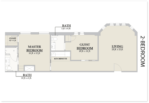 Floor Plan  A floor plan of a two bedroom apartment with a living room, a master bedroom, a guest bedroom and two bathrooms.