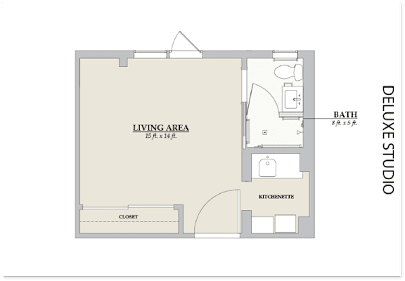 Floor Plan  A floor plan of a Deluxe Studio apartment with a living area, kitchenette, and bath.