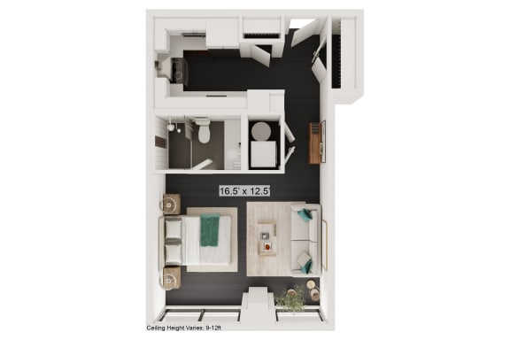 Floor Plan  a floor plan of a studio apartment with a bedroom and a living room