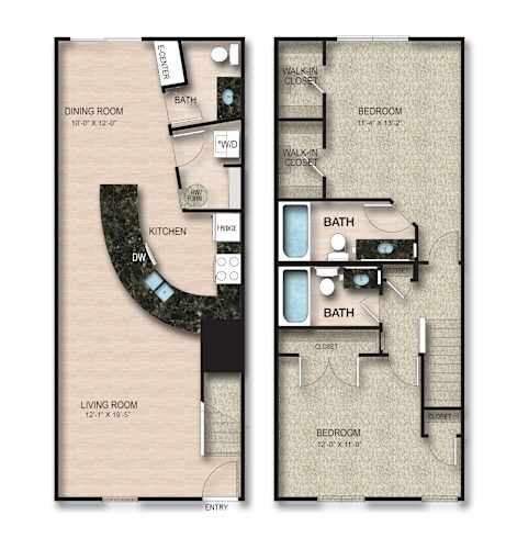 Floor Plan  2 Bed 2.5 Bath Floor Plan | 1,250Sq. Ft. at Orleans Apartments Apartments, Columbus, Ohio