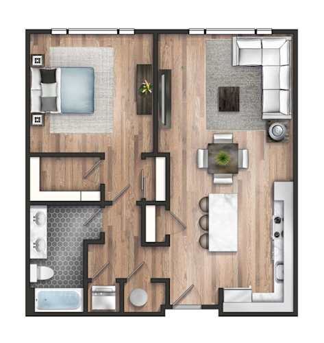 Floor Plan  A top-down view of a house layout with a kitchen, living room, and bathrooms.