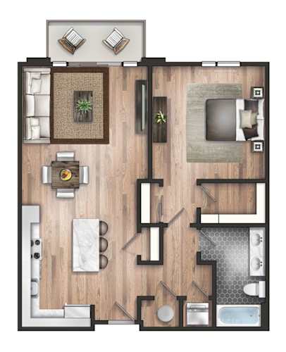 Floor Plan  A top-down view of a house floor plan with a living room, kitchen, and bathroom.