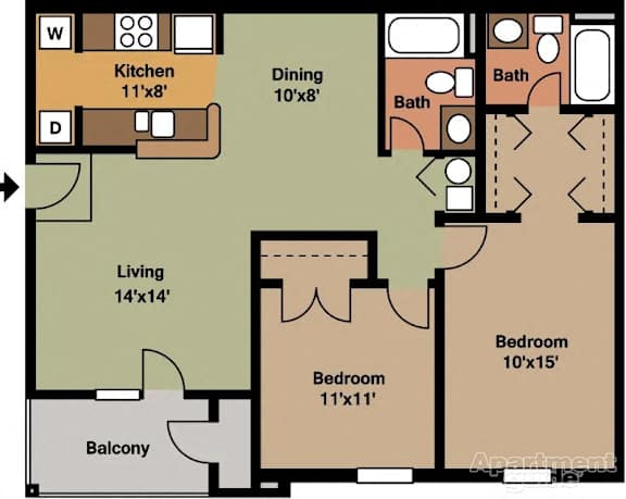 Floor Plan  Apartment floor plan with kitchen, dining, living room, and two bedrooms.