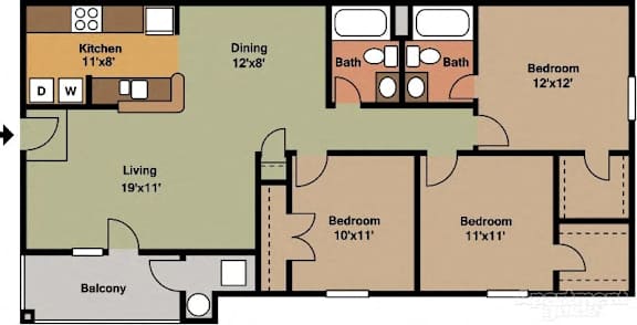 Floor Plan  A floor plan of a house with a living room, two bedrooms, a kitchen, a dining room, and a balcony.