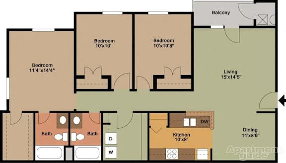 Floor Plan  Apartment floor plan with three bedrooms, a living room, a dining room, a kitchen, and two bathrooms.
