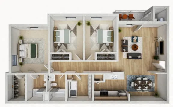 Floor Plan  A 3D floor plan of a house with multiple rooms.
