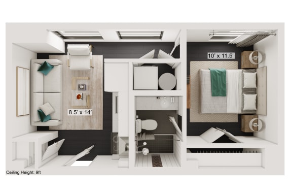 Floor Plan  a bedroom with a bed and a chair in a room