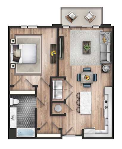 Floor Plan  A top-down view of a house layout with a living room, dining room, kitchen, and bathrooms.
