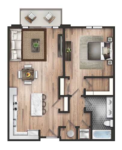 Floor Plan  A top-down view of a house layout with a living room, kitchen, and bathroom.