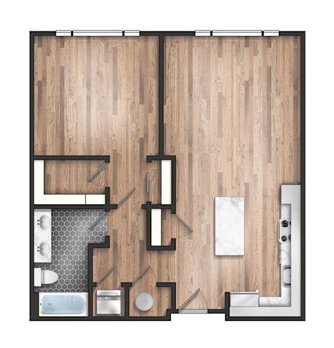 Floor Plan  A top-down view of a room with a bathroom and a kitchen area.