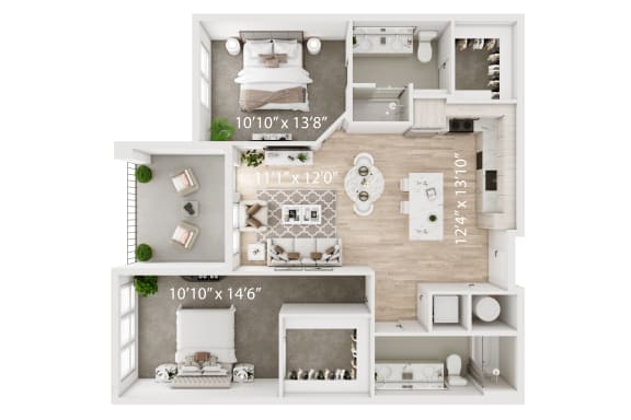 Floor Plan  a 2 bedroom floor plan of a house with furniture and a fireplace