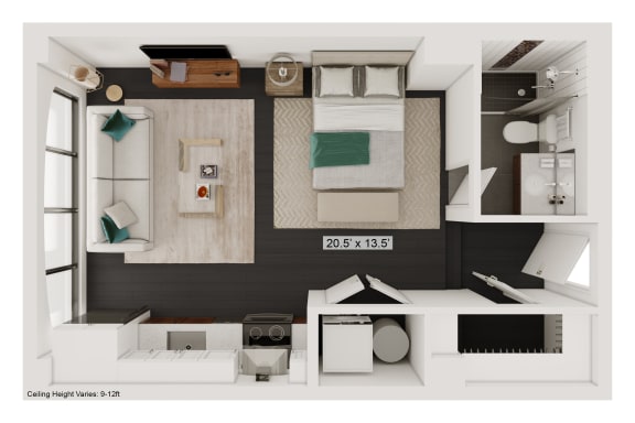 Floor Plan  a floor plan of a studio apartment with a bedroom and a living room