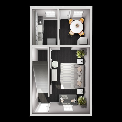Floor Plan  a floor plan of a small apartment with a desk and a chair
