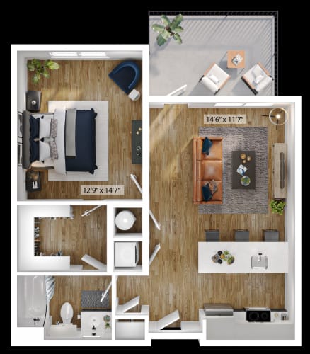 Floor Plan  1 Bed 1 Bath Floor Plan | 843 Sq. Ft. at Boardwalk at Research Park in Huntsville, Alabama 35811