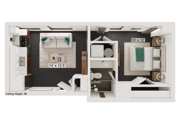 Floor Plan  a bedroom with a bed and a chair in a small room