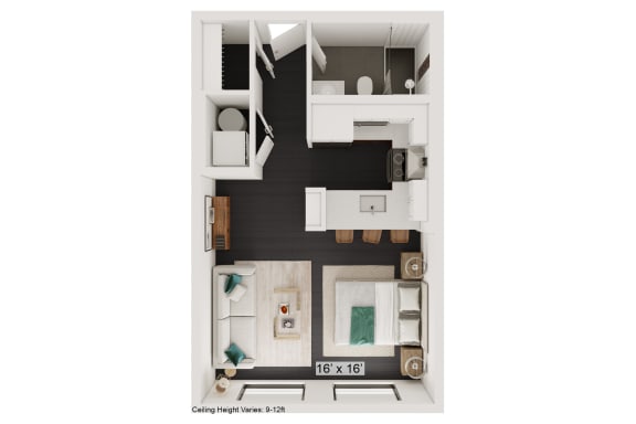 Floor Plan  a bedroom with a bed and a chair in a small room
