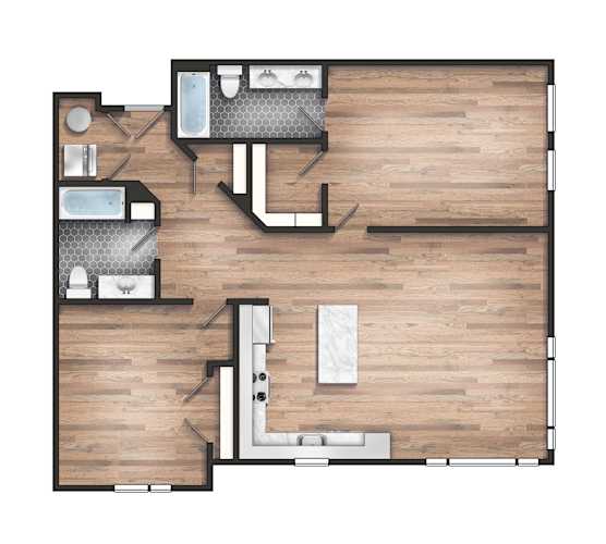 Floor Plan  A floor plan of a house with a kitchen, living room, and two bathrooms.
