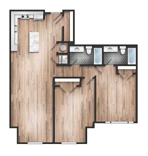Floor Plan  A floor plan of a house with a kitchen, living room, and bathrooms.