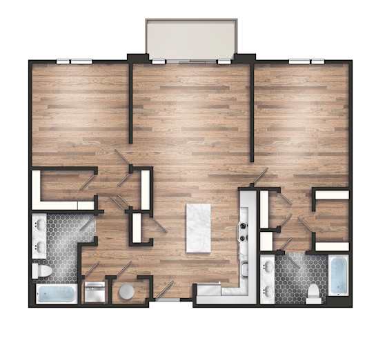 Floor Plan  A top-down view of a modern apartment layout with a kitchen, living room, and bathroom.