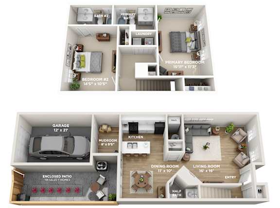 Floor Plan  A floor plan of a two-bedroom apartment with a garage.