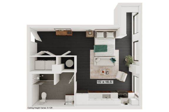Floor Plan  a sq. ft. apartment with black walls and white furniture