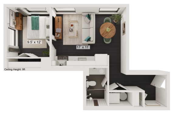Floor Plan  a bedroom with a bed and a chair in a room