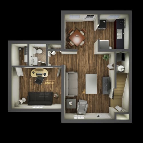 Floor Plan  2 bedroom, 1 1/2 bathroom and den. This is the first floor.
