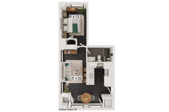 Floor Plan  a bedroom with a bed and a chair in a small room
