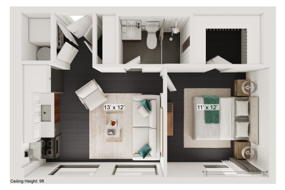 Floor Plan  a bedroom with a bed and a chair in a small room
