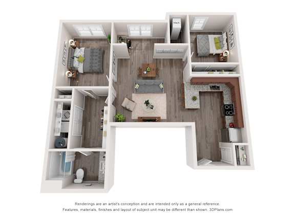 Floor Plan  A 3D floor plan of a house with a kitchen, living room, and two bedrooms.