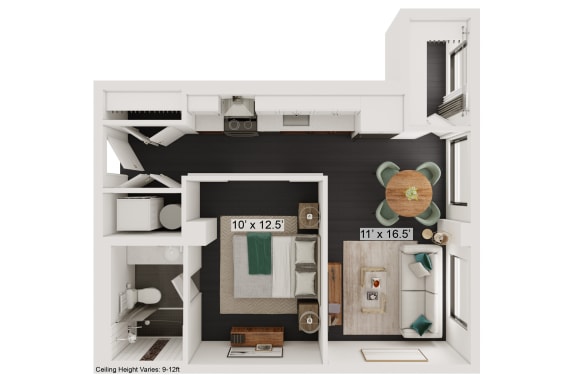 Floor Plan  a floor plan of a small apartment with a teddy bear hanging on the wall