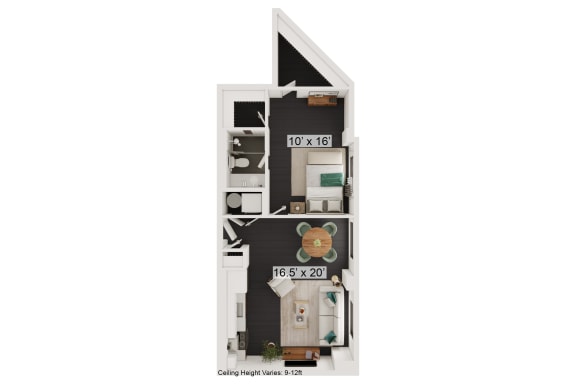 Floor Plan  a bedroom with a bed and a chair in a small room