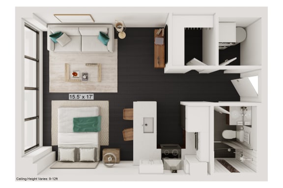 Floor Plan  a bedroom with a bed and a chair in a room