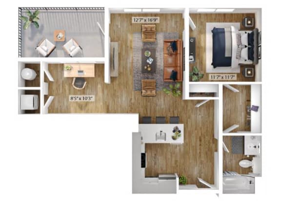 Floor Plan  1 Bed 1 Bath Floor Plan | 939 Sq. Ft. at Boardwalk at Research Park in Huntsville, Alabama 35811