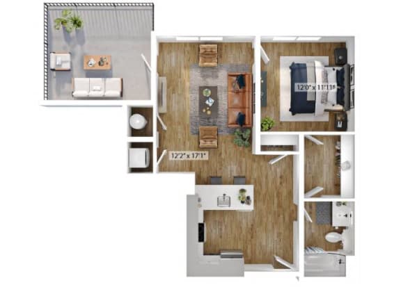 Floor Plan  1 Bed 1 Bath Floor Plan | 892 Sq. Ft. at Boardwalk at Research Park in Huntsville, AL