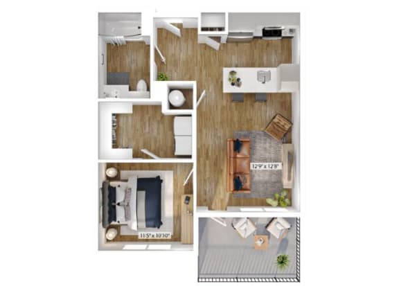 Floor Plan  1 Bed 1 Bath Floor Plan | 774 Sq. Ft. at Boardwalk at Research Park in AL 35811