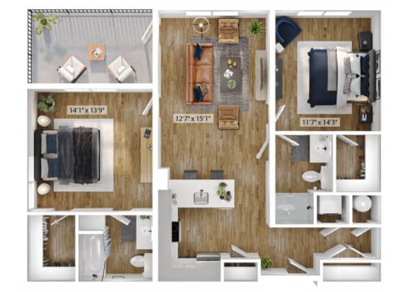Floor Plan  2 Bed 1 Bath Floor Plan | 1,243 Sq. Ft. at Boardwalk at Research Park in Huntsville, Alabama