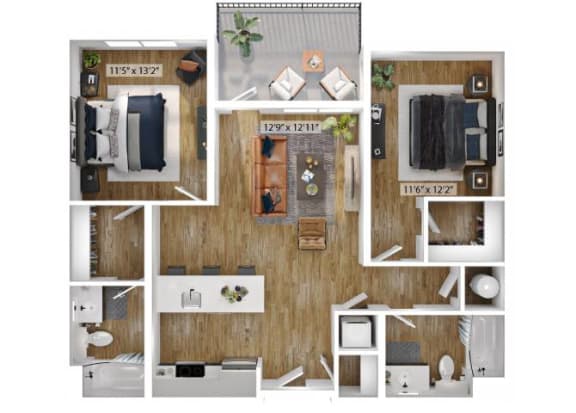 Floor Plan  2 Bed 2 Bath Floor Plan | 1,079 Sq. Ft. at Boardwalk at Research Park in Huntsville, 35811